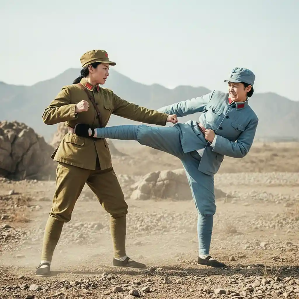 Chinese sister soldiers sparring on a rocky battlefield