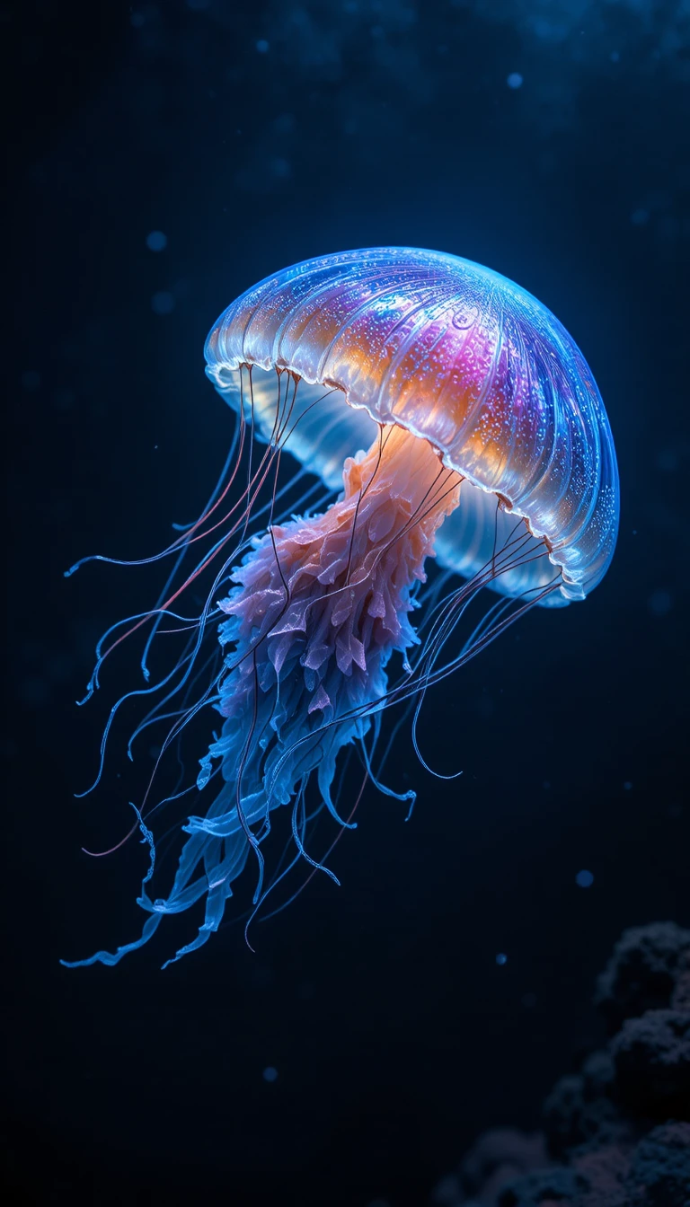 Ethereal Jellyfish Glowing In Dark Ocean Depths