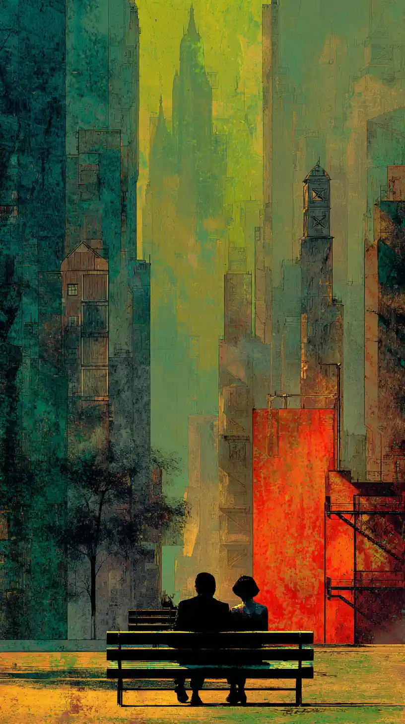 Couple Watching A Split Grey And Colorful Urban Cityscape