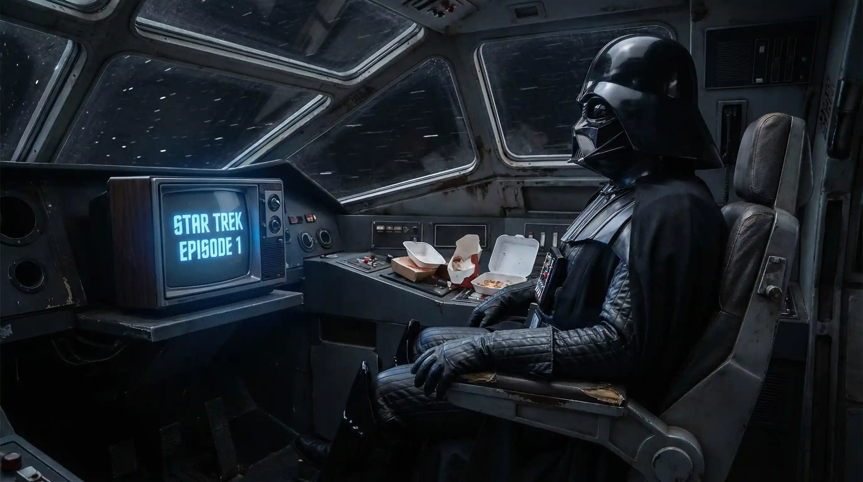 Dark figure watches television inside a futuristic spaceship