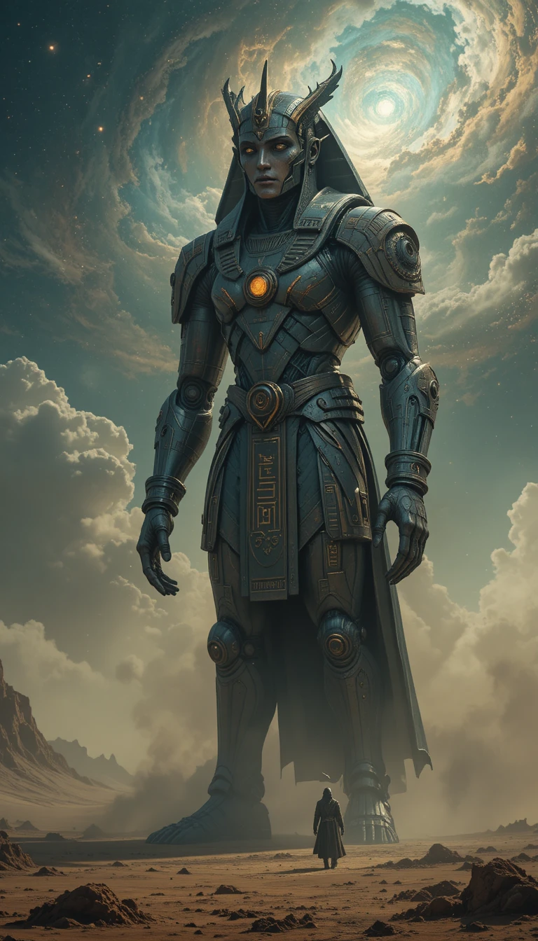Ancient deity automaton guarding a desolate alien plain