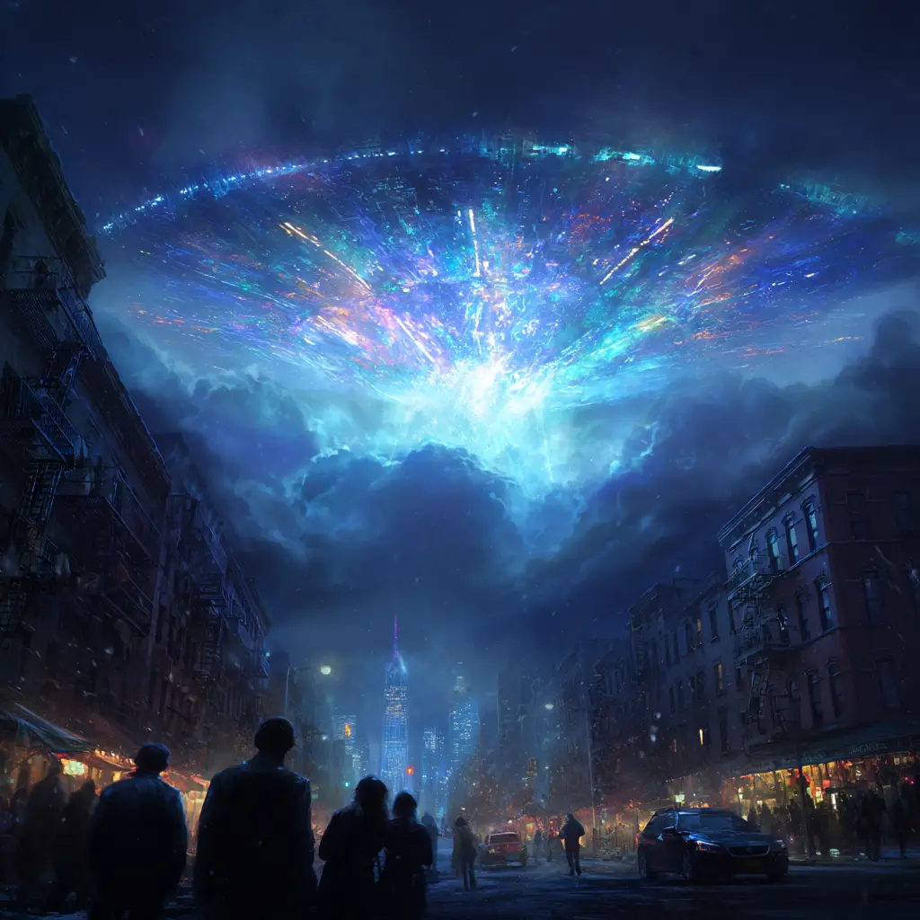 Enormous alien ship emerging from clouds above New York