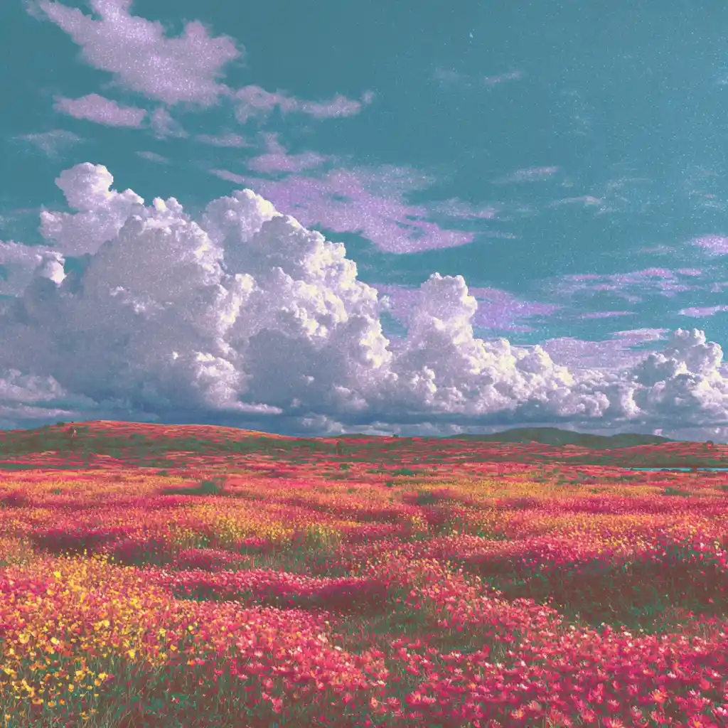 Vast Dreamlike Flower Field Under A Soft Velvet Sky