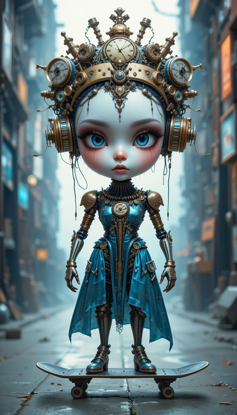 Steampunk-Cyborg-Puppe mit Porzellangesicht auf Skateboard