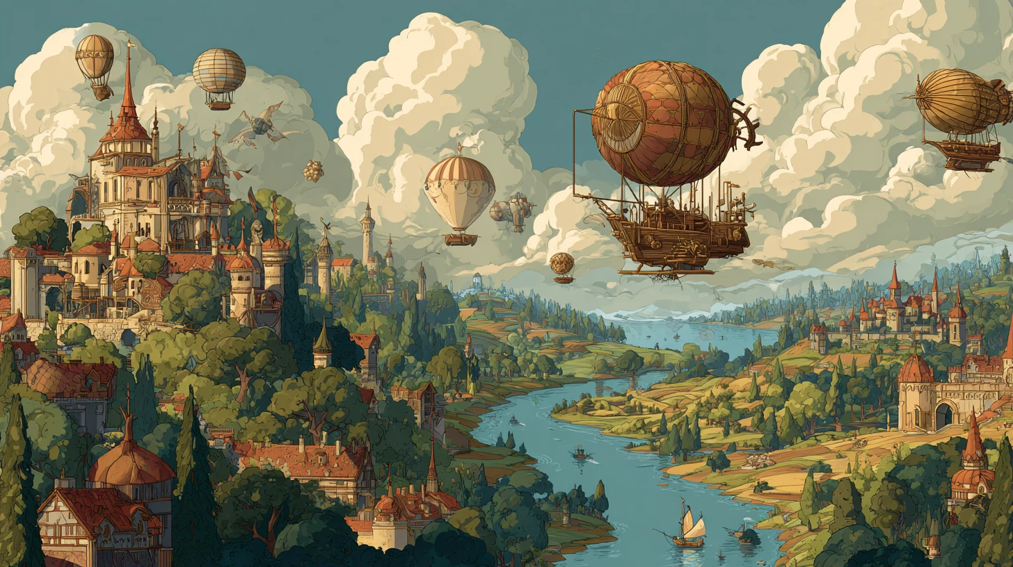Ville steampunk féerique dans une vallée dorée et luxuriante
