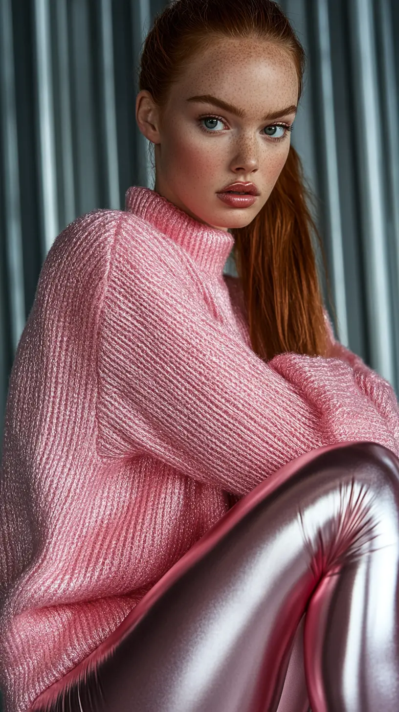 Swedish female bodybuilder in pink sweater fashion portrait