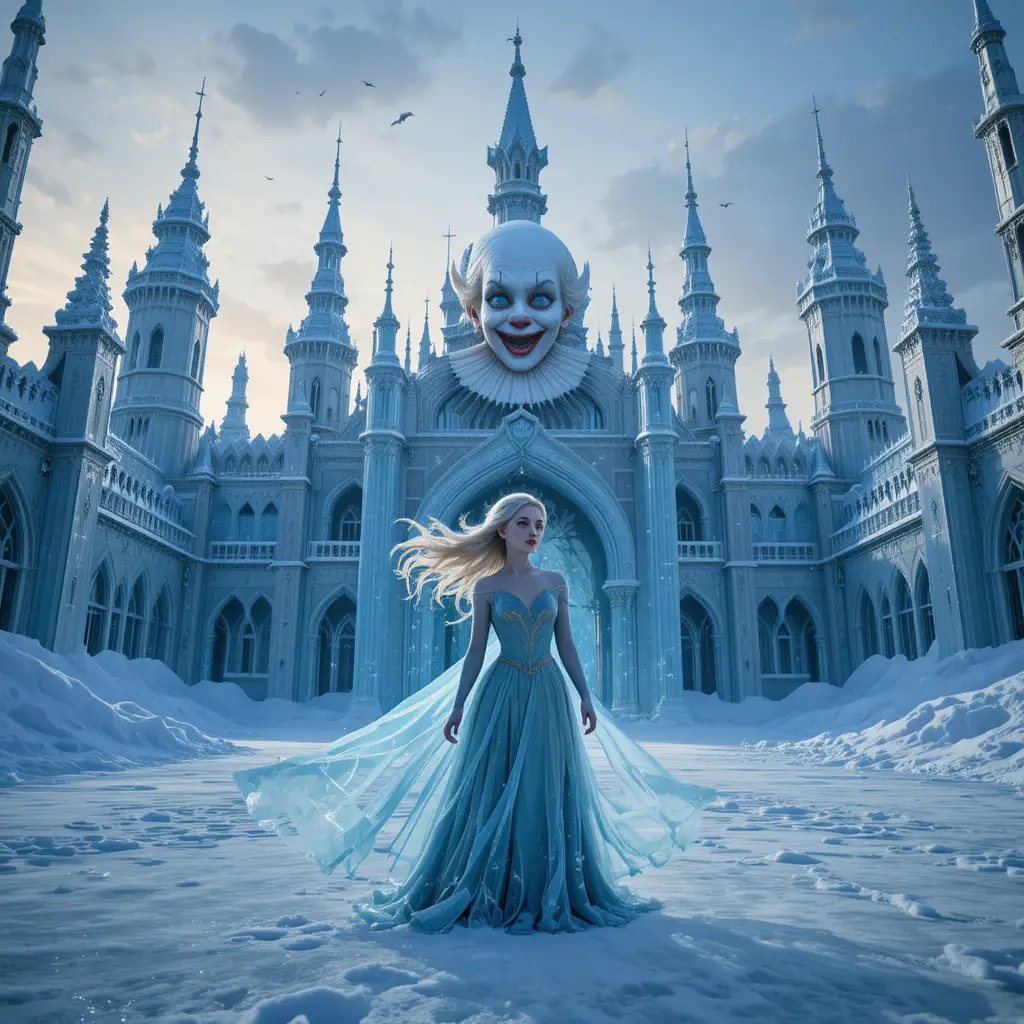 Ice princess standing in a towering crystal ice palace