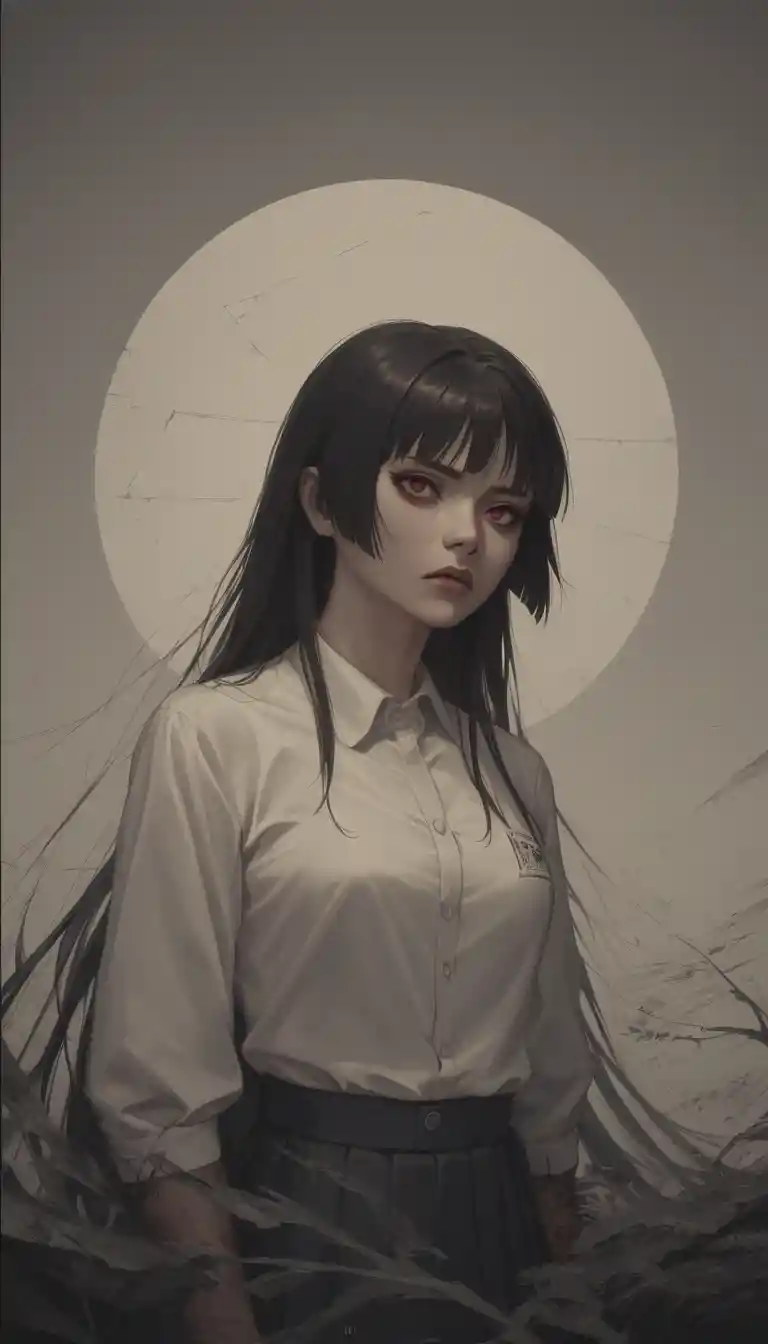 Tattooed Japanese schoolgirl in a harsh school corridor