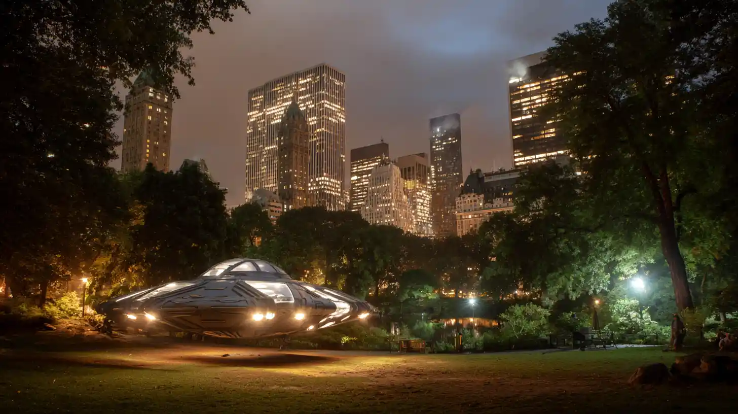 Alien shuttle spaceship landing in New York city park at dusk
