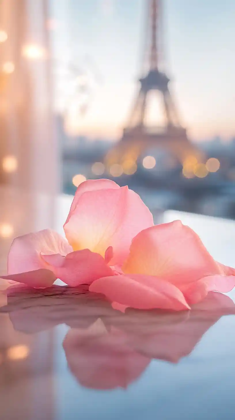 Zarte rosa Rosenblätter auf Marmor mit Pariser Kulisse