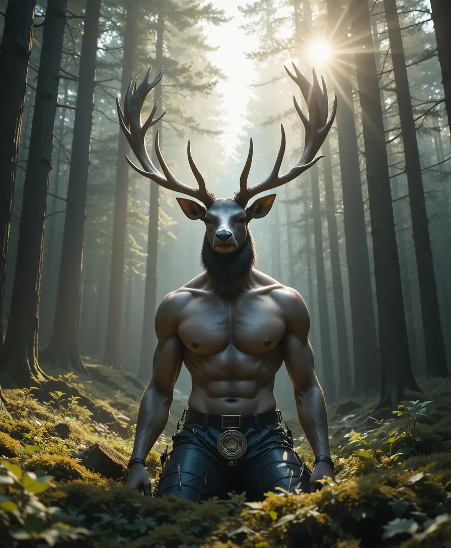 Cerf anthropomorphe se relaxant dans une forêt dense baignée de soleil