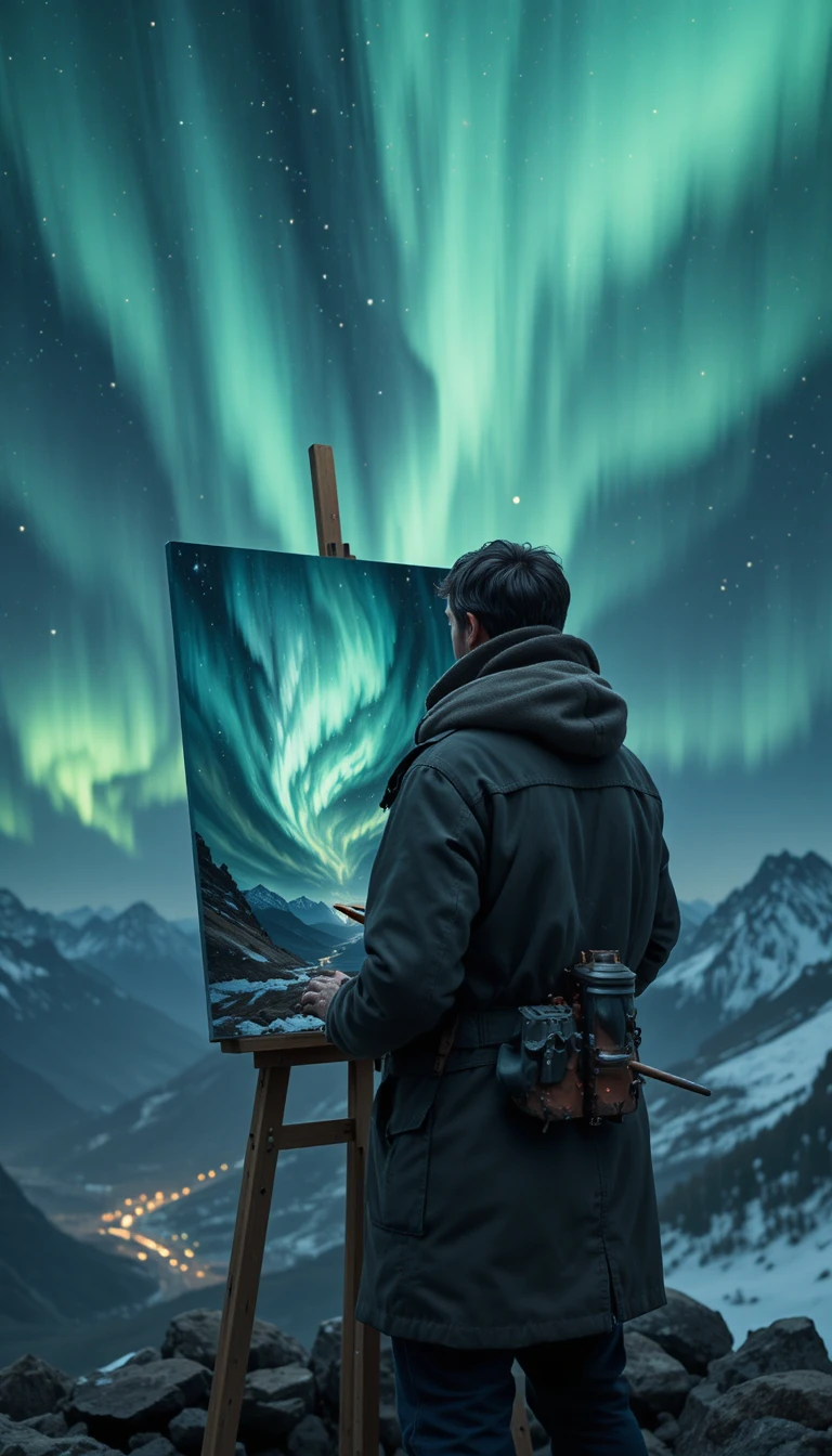 山の夜空に広がるオーロラを描く画家