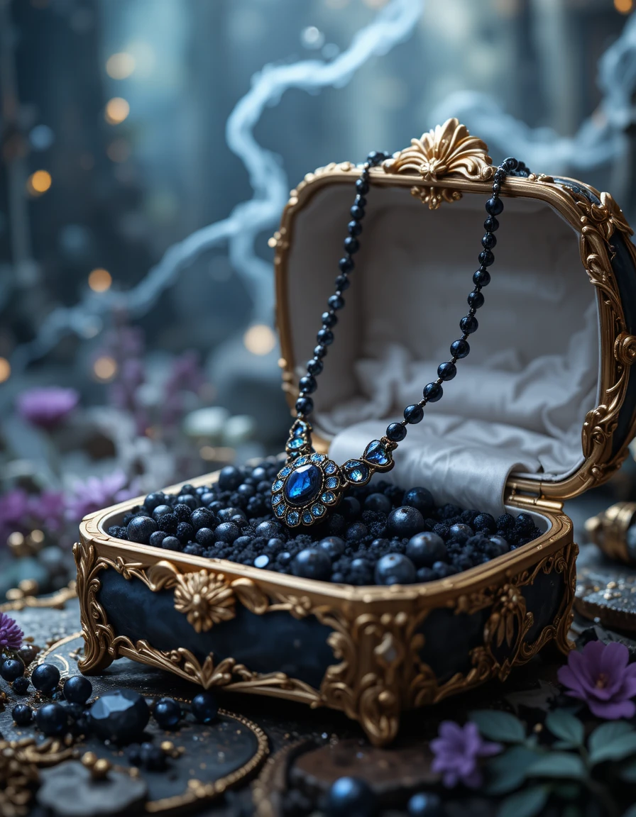 Magische schwarze Halskette in einer goldenen Fantasy-Schmuckschatulle
