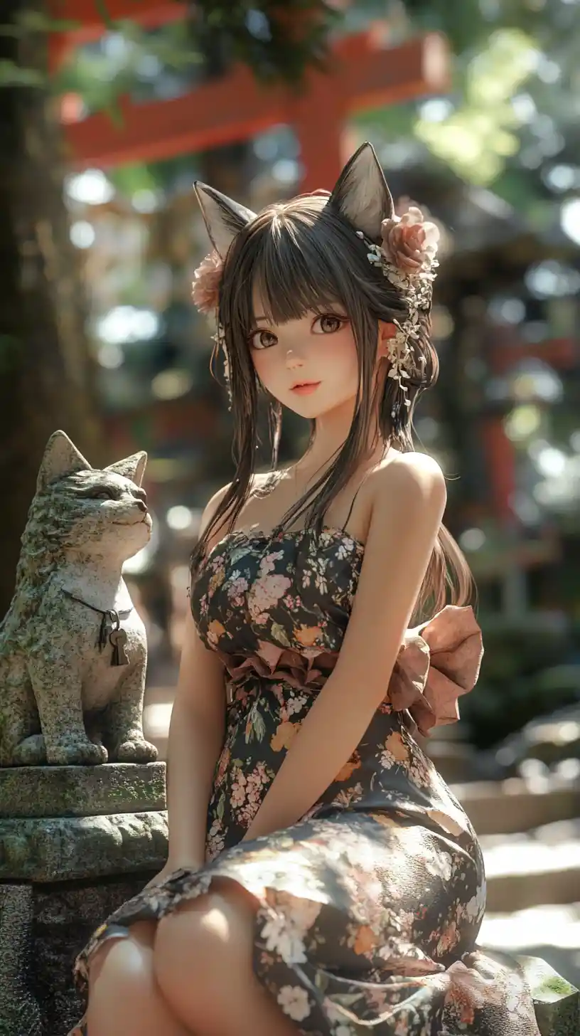 Elegant Japanese girl posing before fox statue and shrine