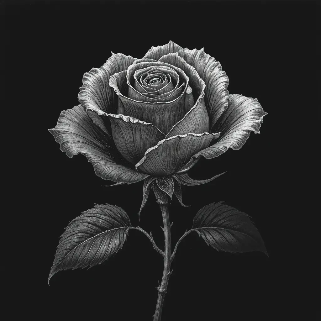 Engraved rose divided by silver light and darkness