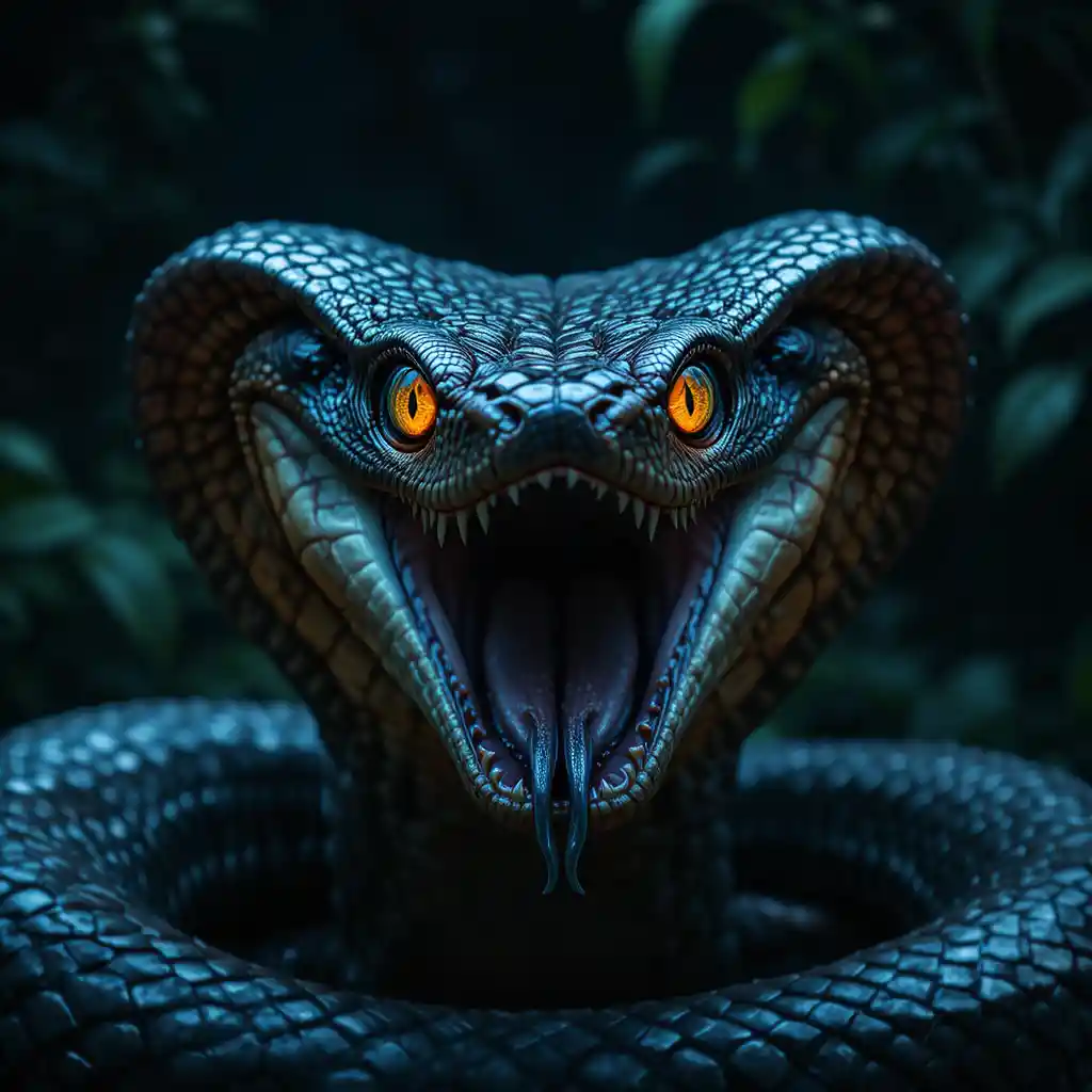 Retrato cinematográfico em contra‑plongée de uma cobra na escuridão da selva