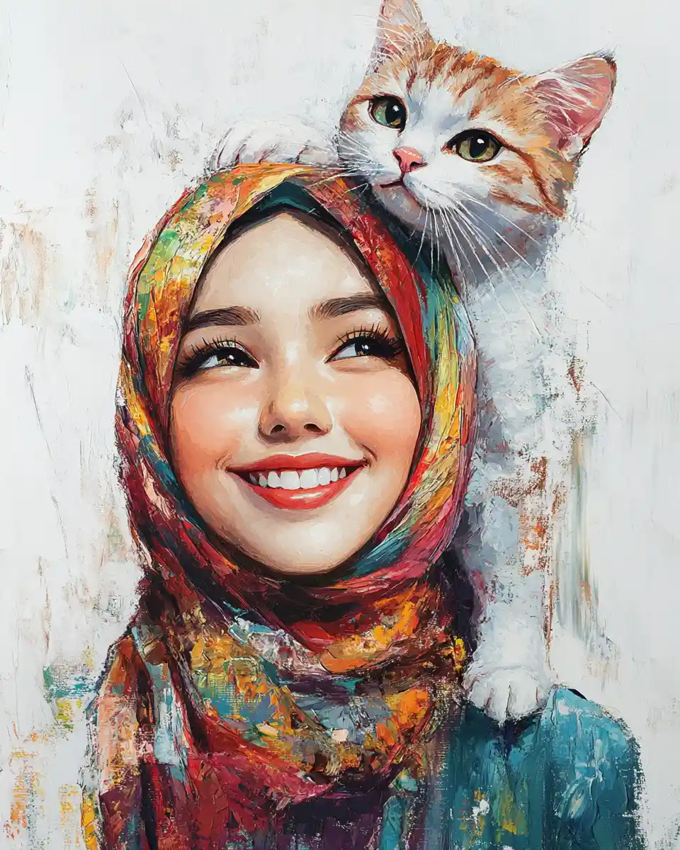 Smiling Muslim girl in colorful hijab with whimsical cat