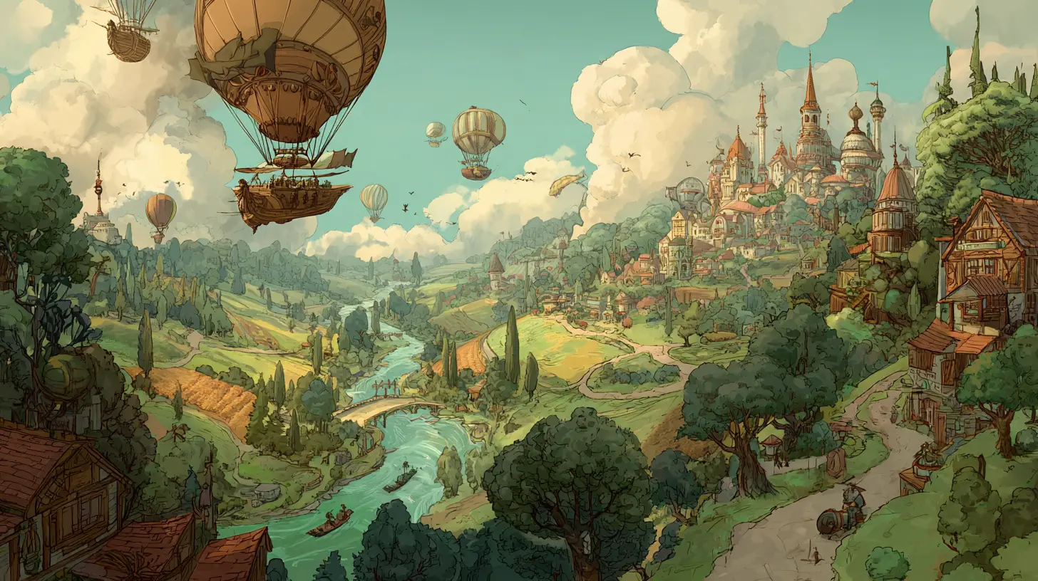 Whimsical Steampunk Town In A Lush Sunlit Valley