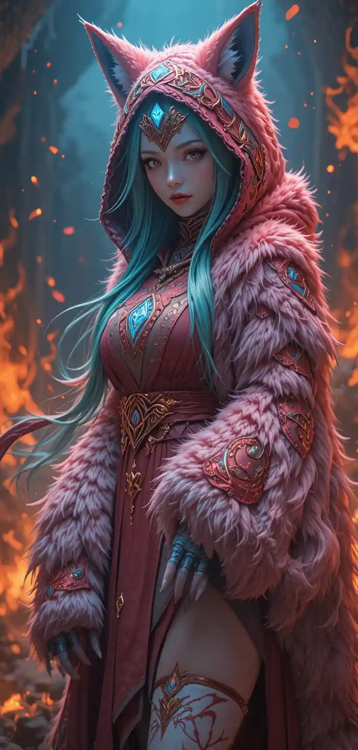 Anime fox warrior woman in flaming ritual fur armor