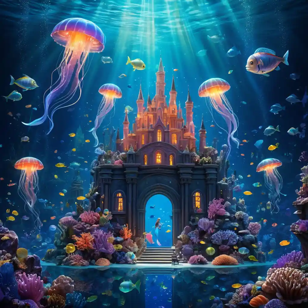 Majestuosa sirena sobre una ciudad submarina resplandeciente