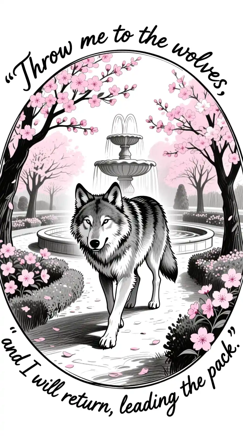 Majestic wolf walking through a cherry blossom garden