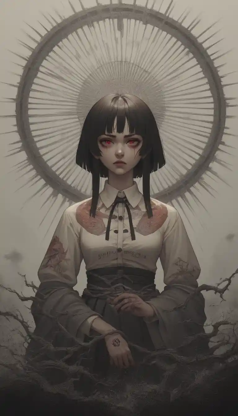 Tattooed Japanese schoolgirl in a harsh authoritarian hallway