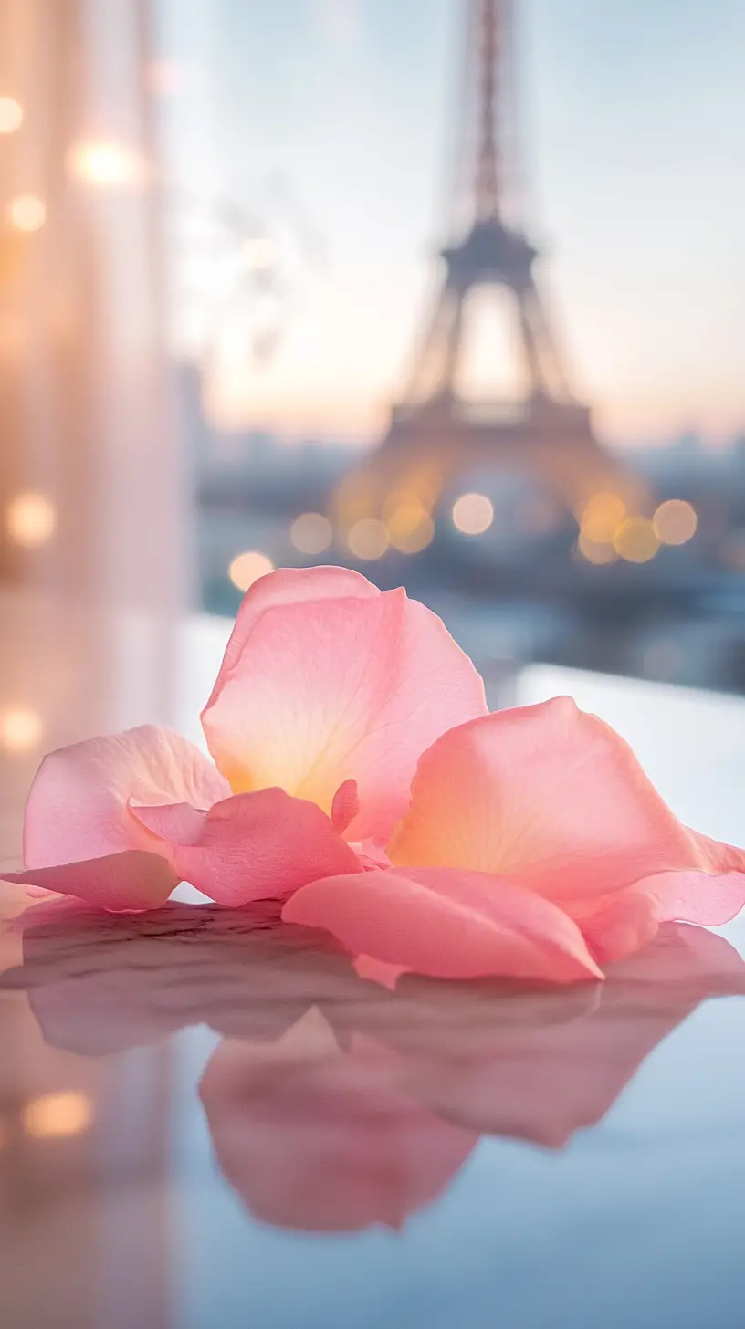 Soft pink rose petals on marble with parisian backdrop