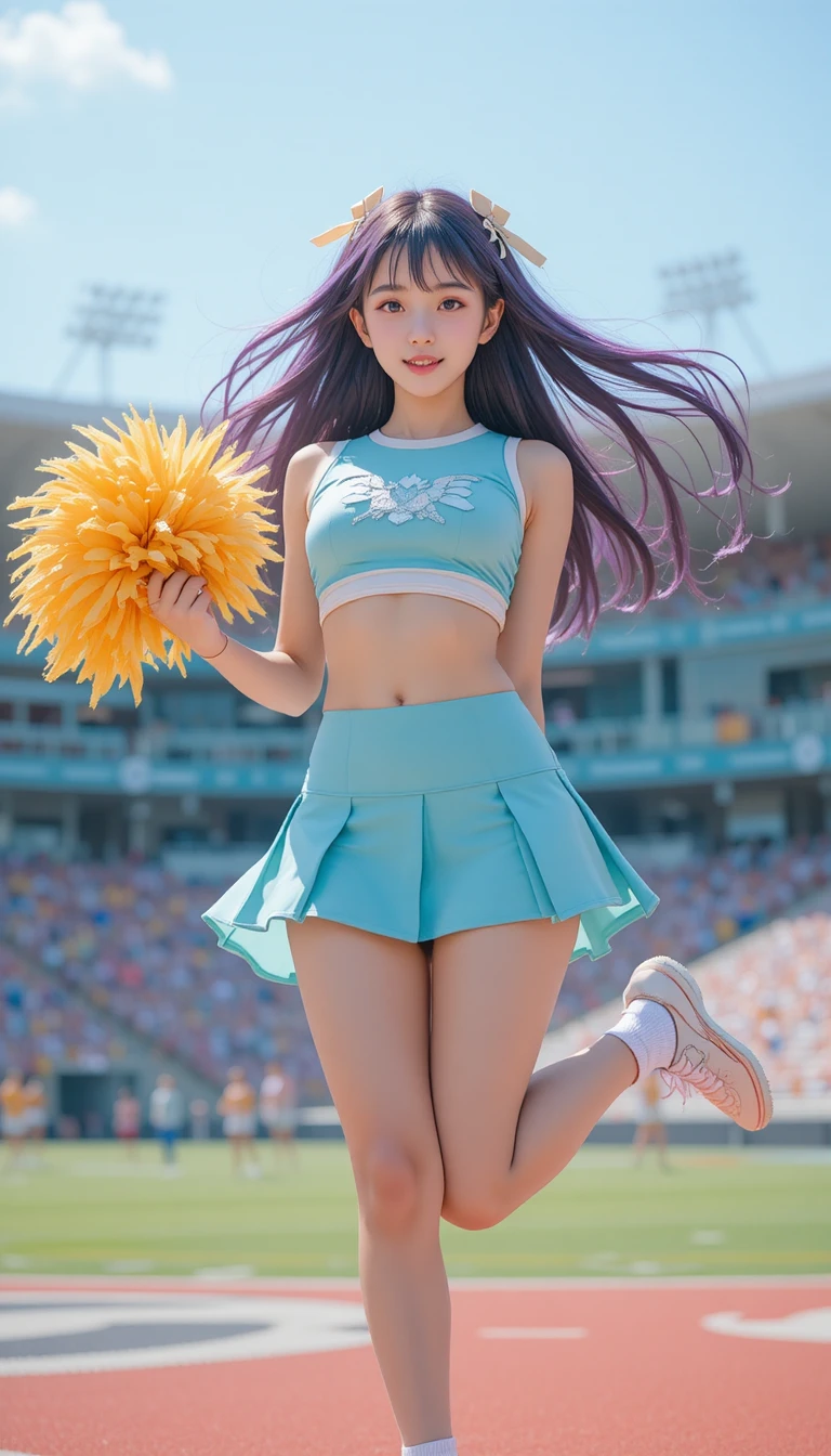 Ragazza cheerleader anime che posa in uno stadio soleggiato