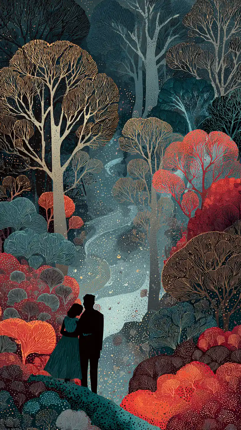 Surreal fantasy forest heartscape glowing with tender love