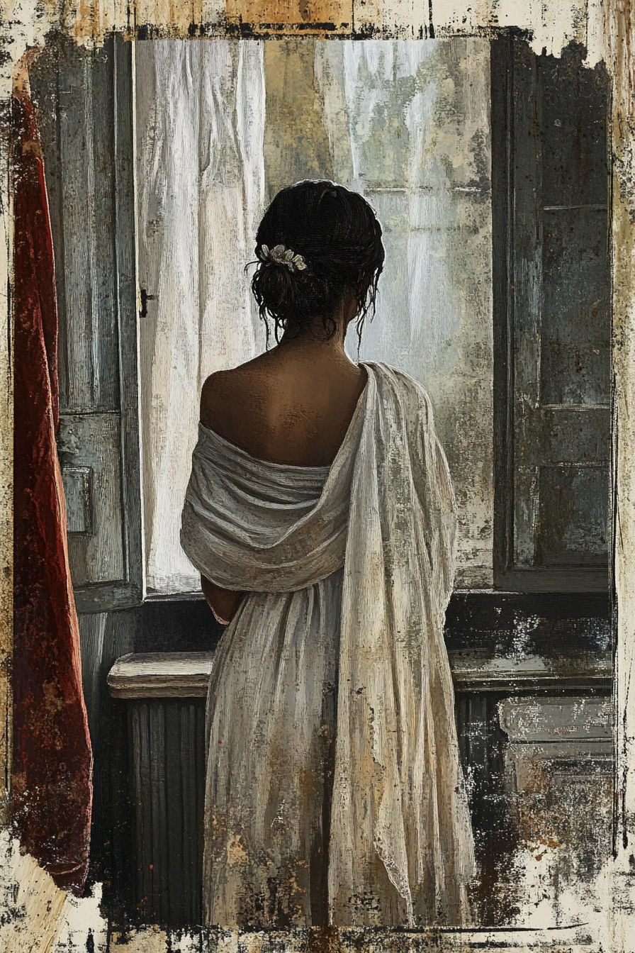 Dipinto impressionista di una donna gotica in un bagno tranquillo