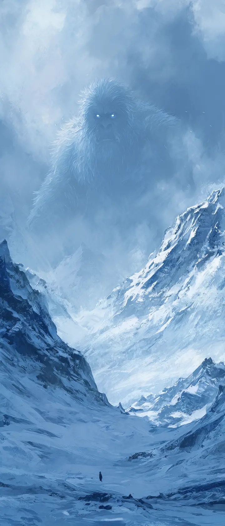 Yeti In Distant Frozen Mountains Amid Swirling Snow
