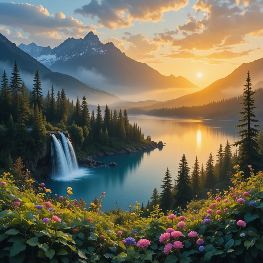 Golden sunlight over mountain lake at tranquil sunrise