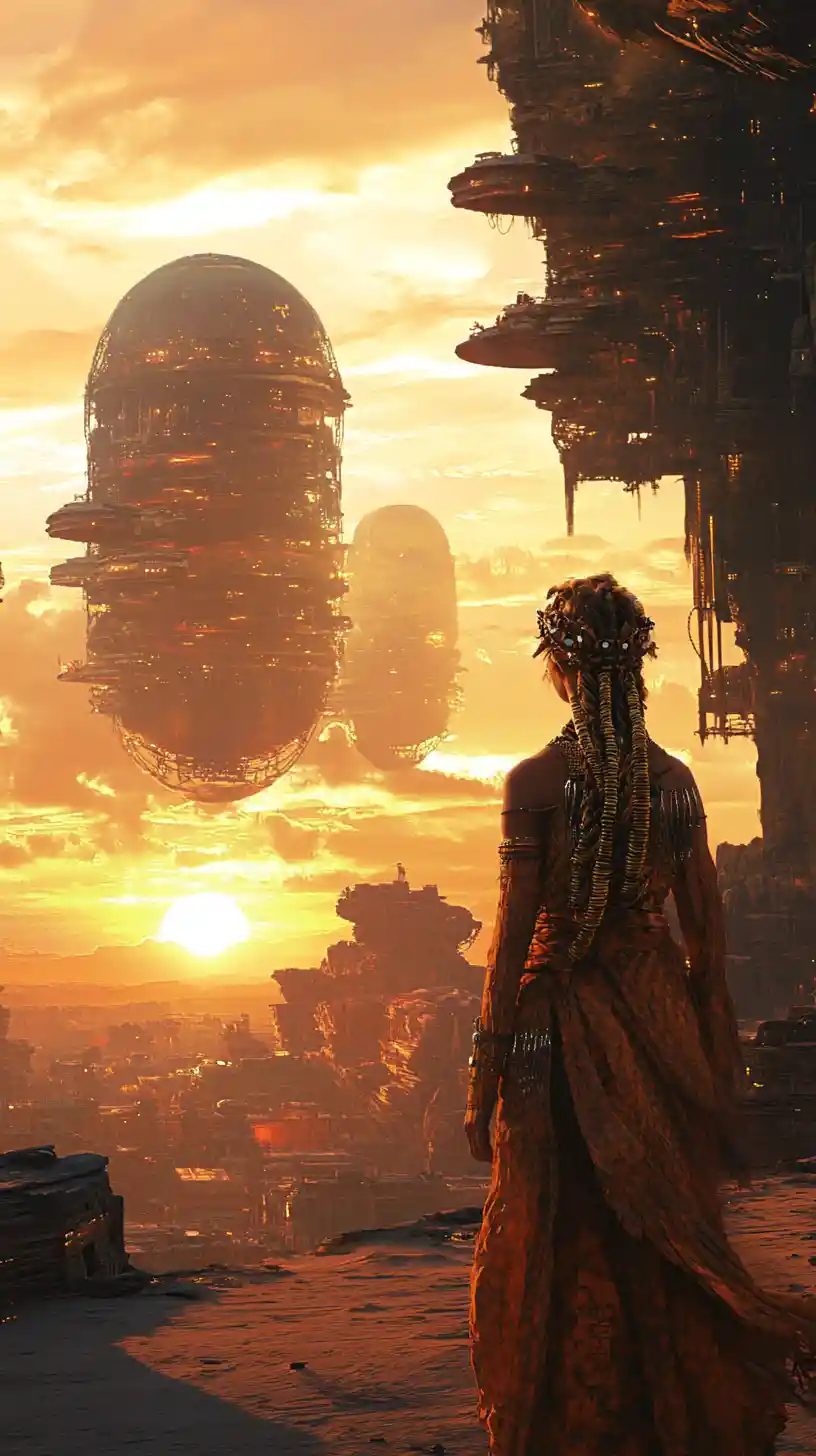 Donna del deserto che cammina in un mercato alieno al tramonto