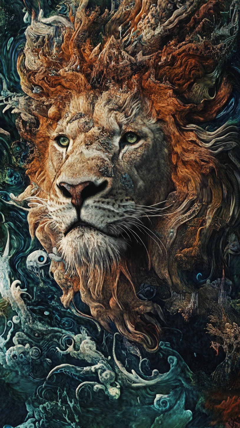 Surreal lion illusion forming multiple overlapping images