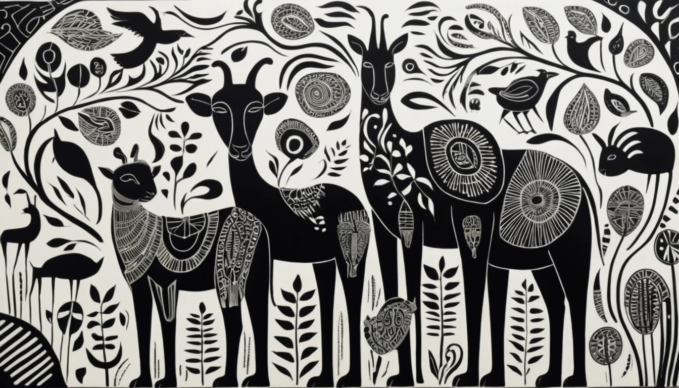 Expressionist black and white animal painting with calm symmetry