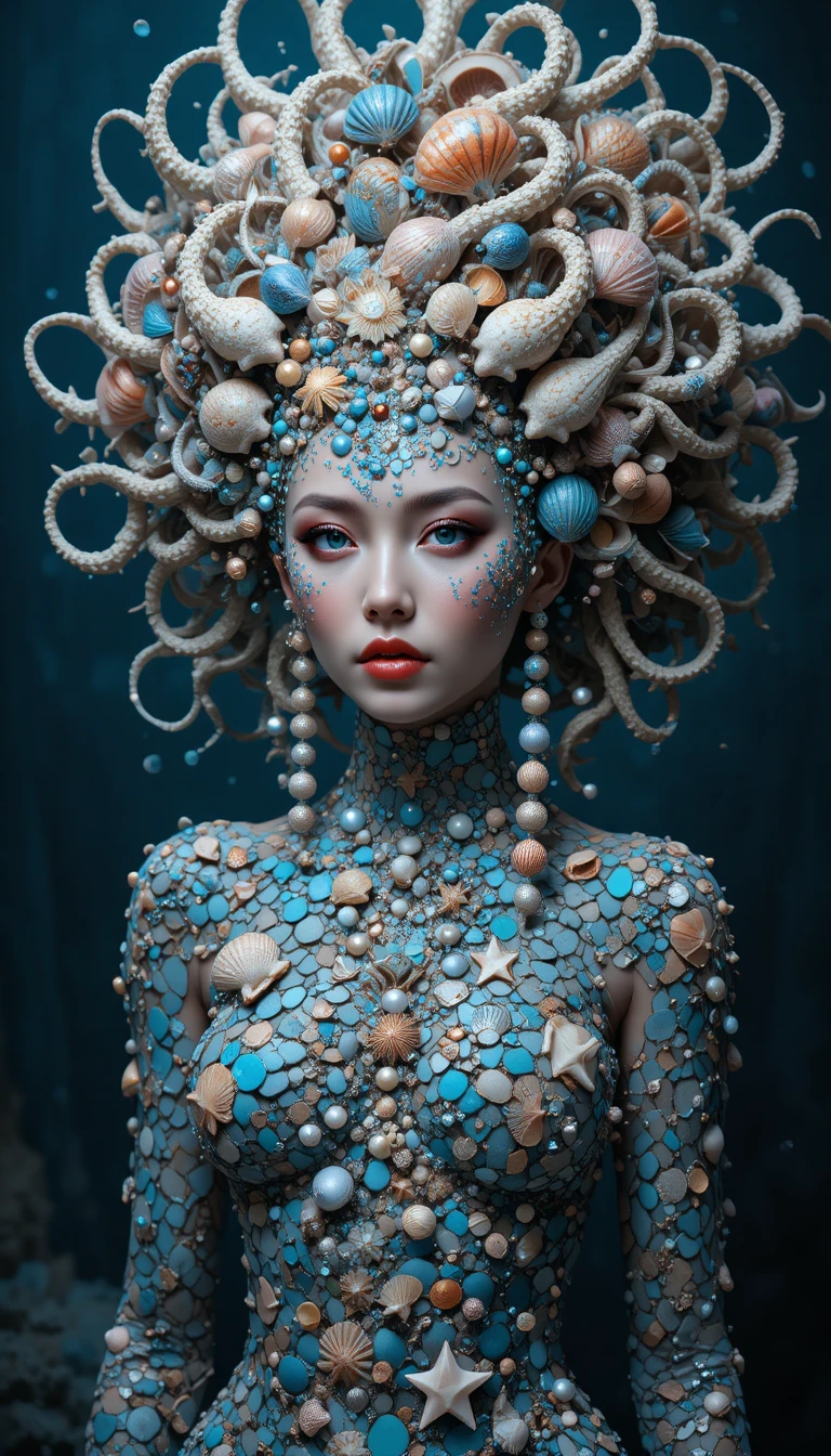 Fantasy woman adorned with seashells in deep blue ocean
