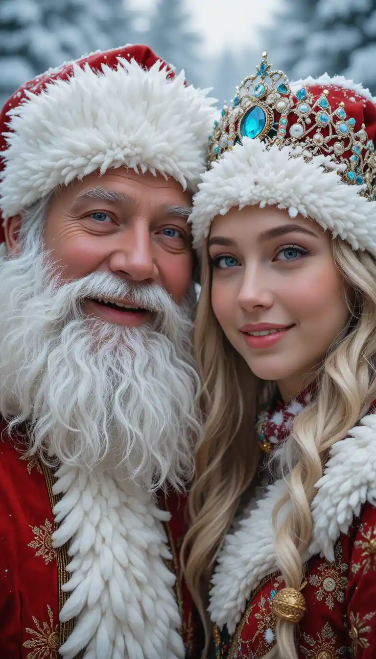 Père Noël et jeune femme souriant dans un monde enneigé