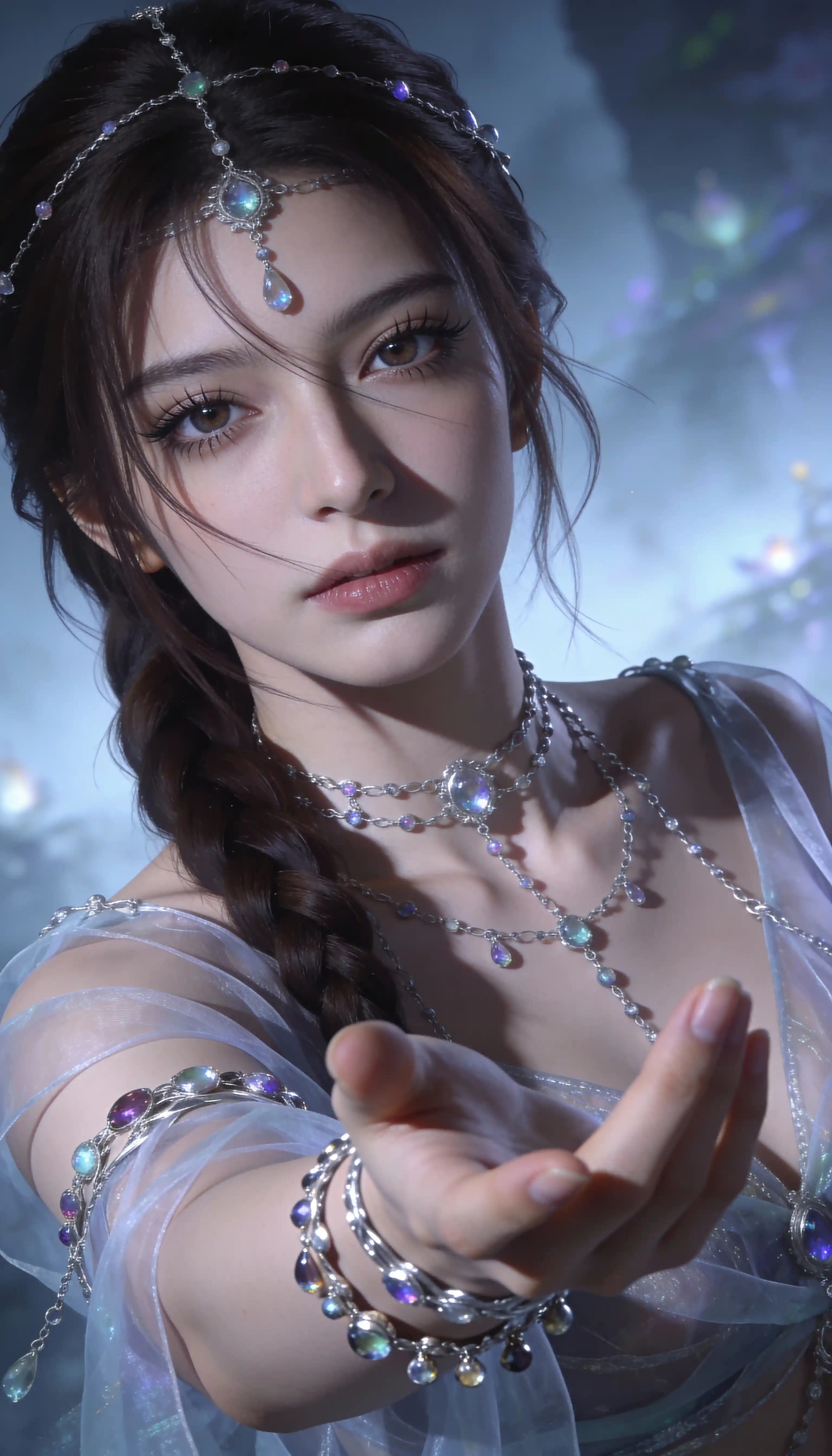 Cold gaze female portrait with braided hair and gems