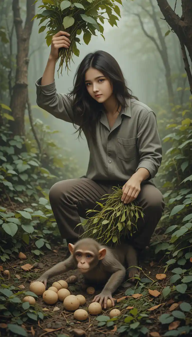 Man pulling potatoes and a hidden monkey from the ground
