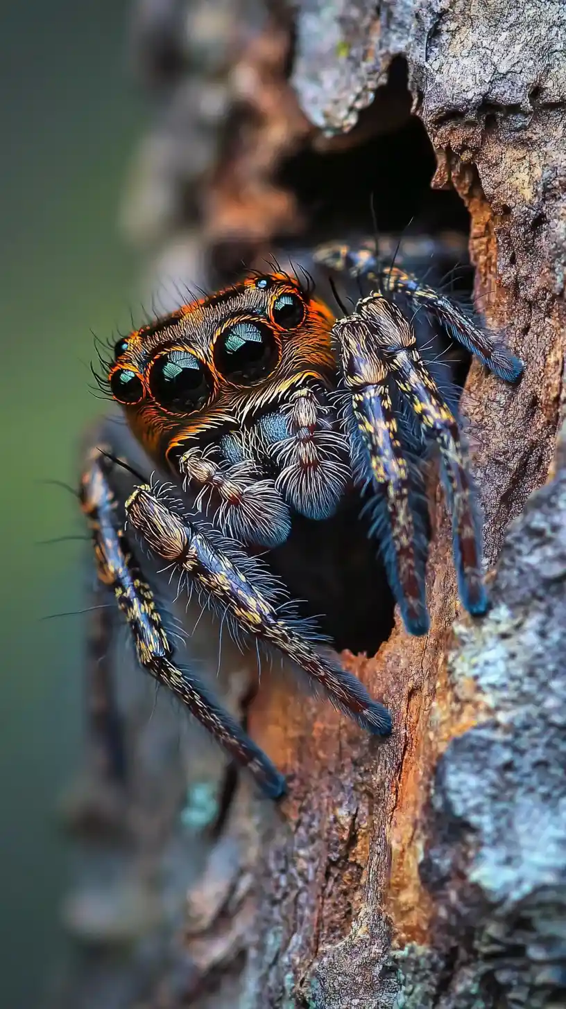 Makroaufnahme einer Springspinne auf verwitterter Baumrinde