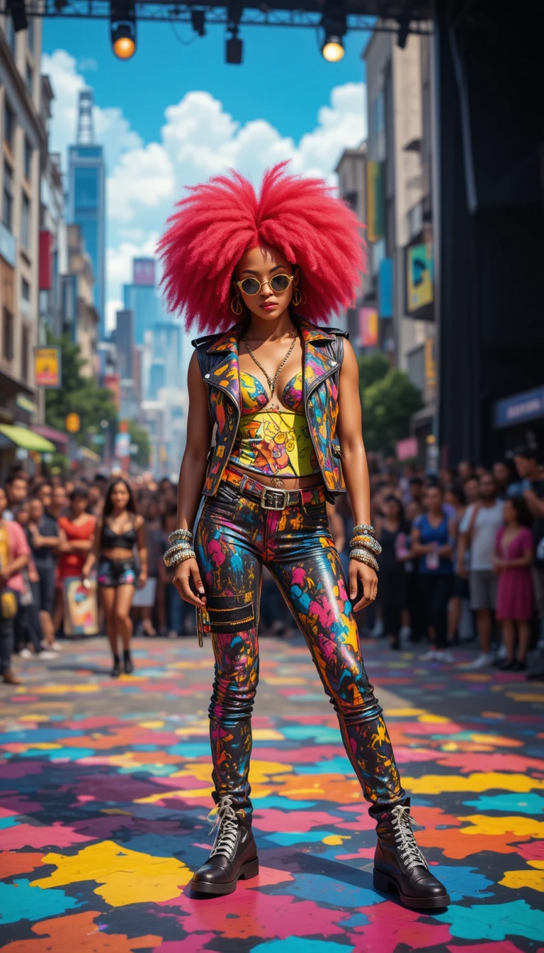 Young African musician on colorful punk city stage