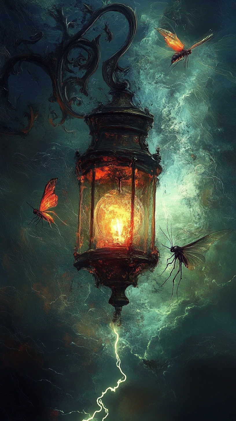 Ilusão surreal de uma lanterna brilhante com luz de vaga-lumes
