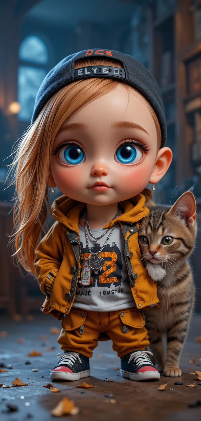 Bebé niña pelirroja con ojos azules en atuendo de rapera