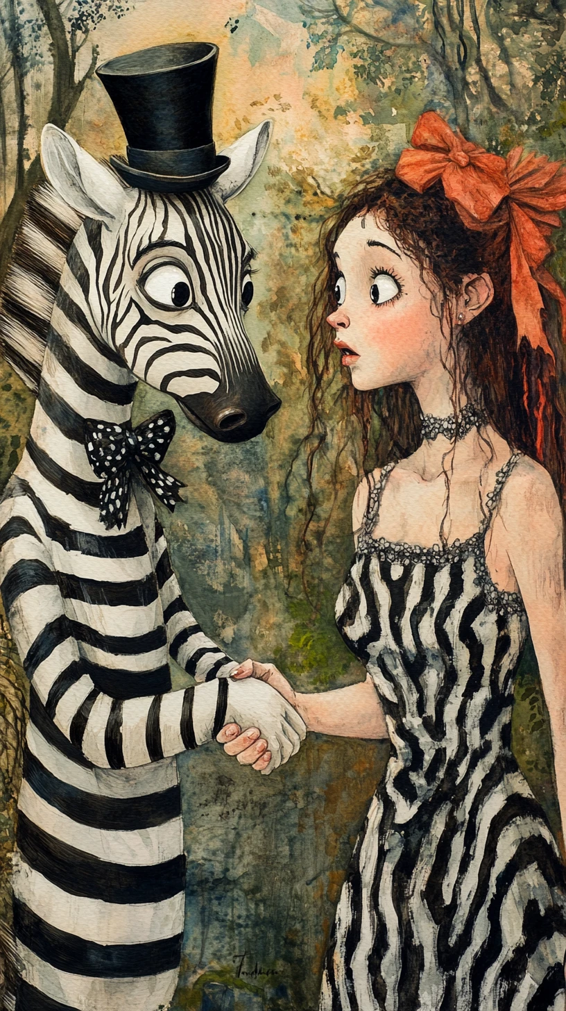 Anthropomorphic Zebra Shaking Hands With Woman In Nature