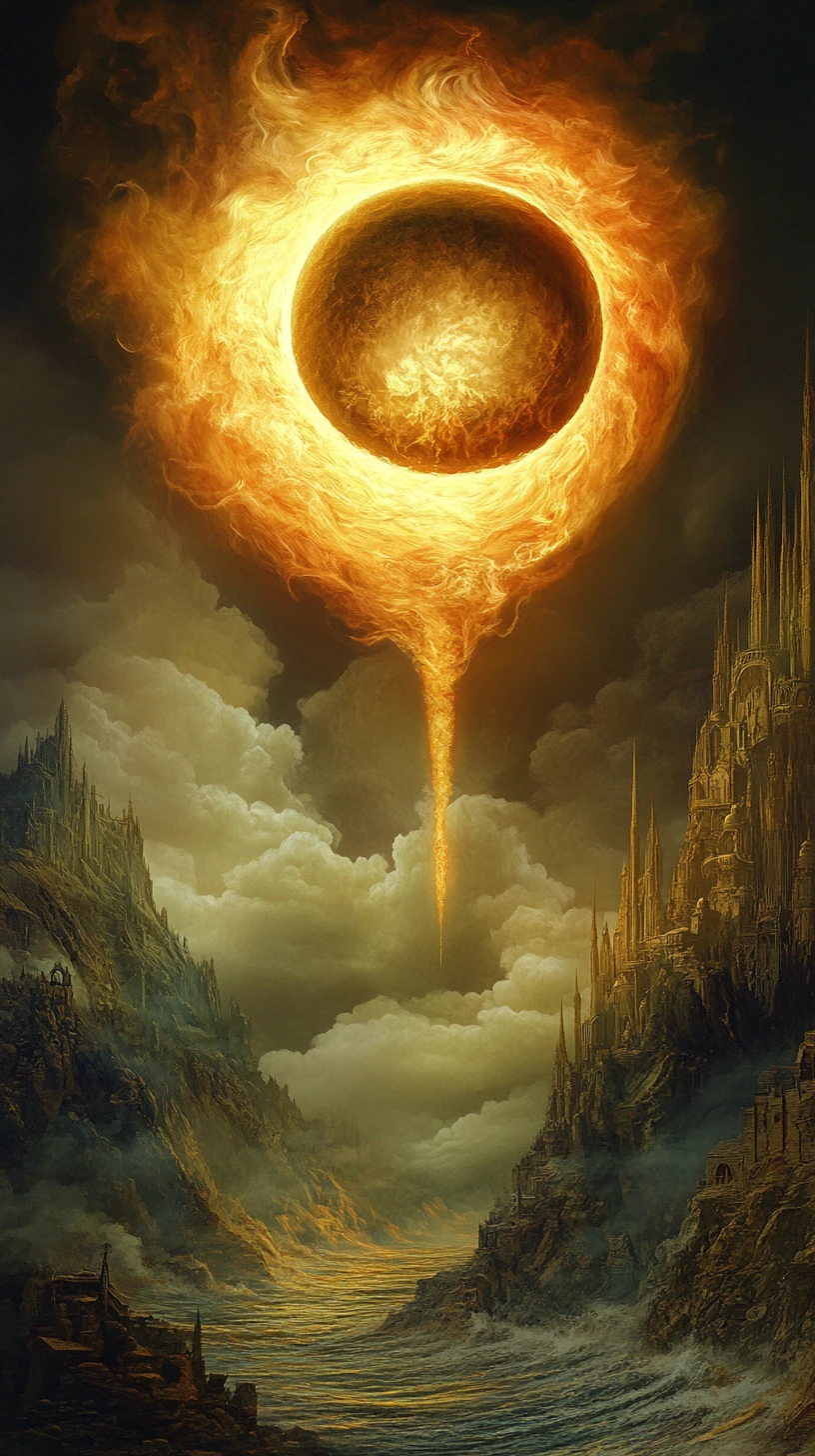 Surreal flame creature in a dark gothic landscape