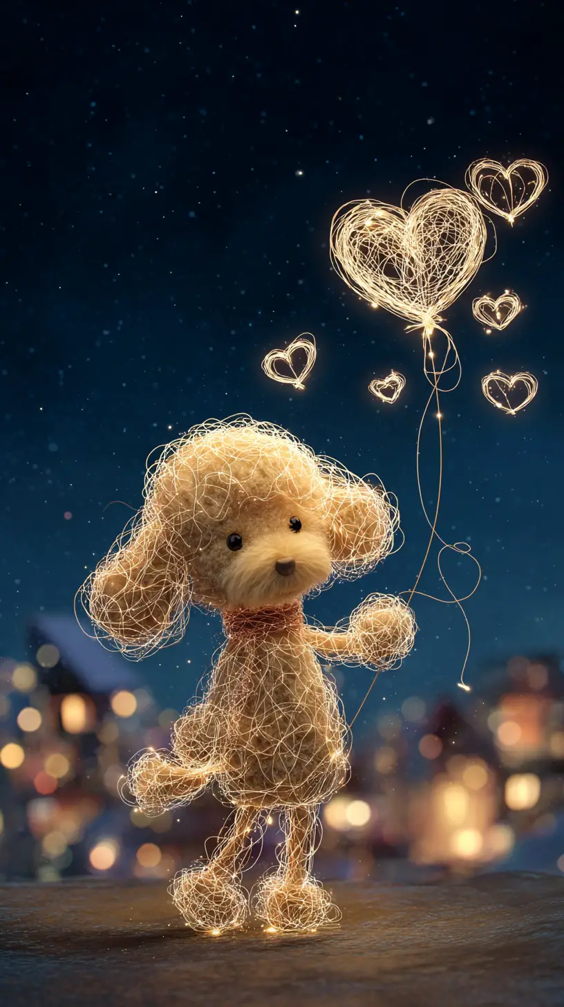 Glowing Poodle Holding Heart Balloon Under Night Sky