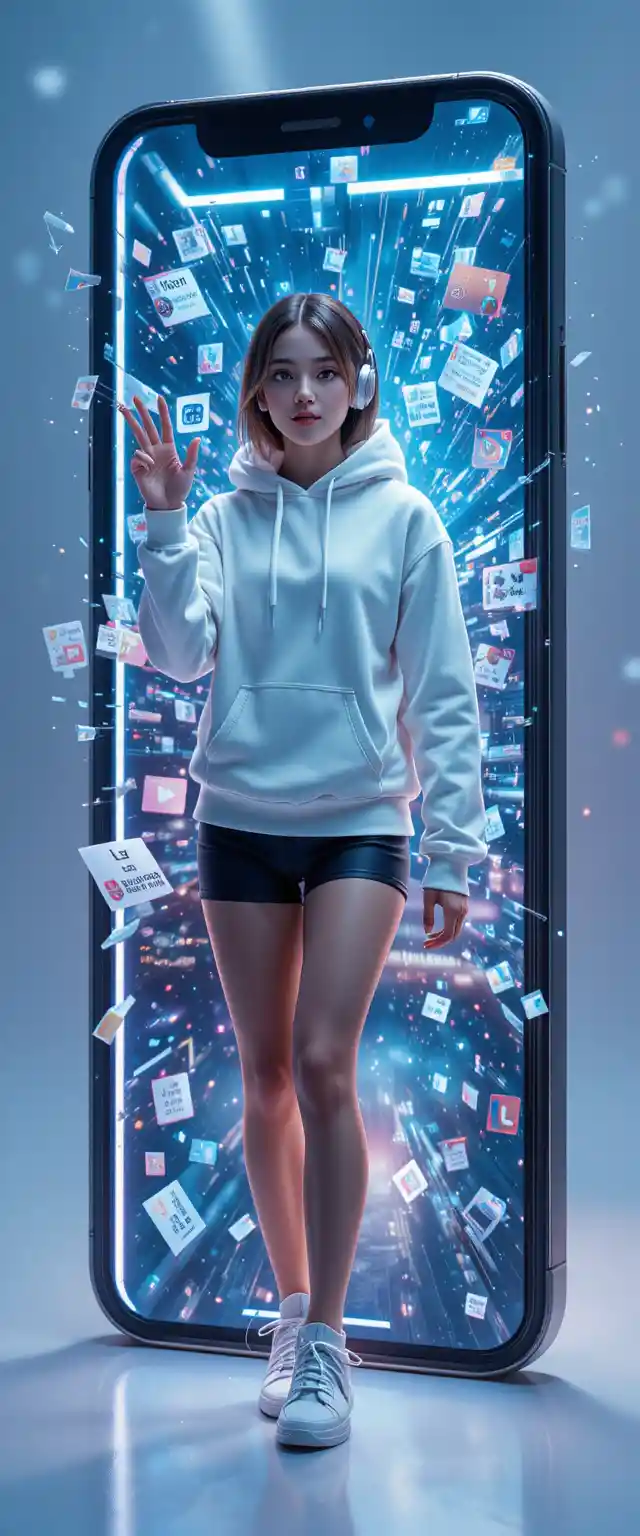 巨大なスマートフォン画面から現れる若い女性