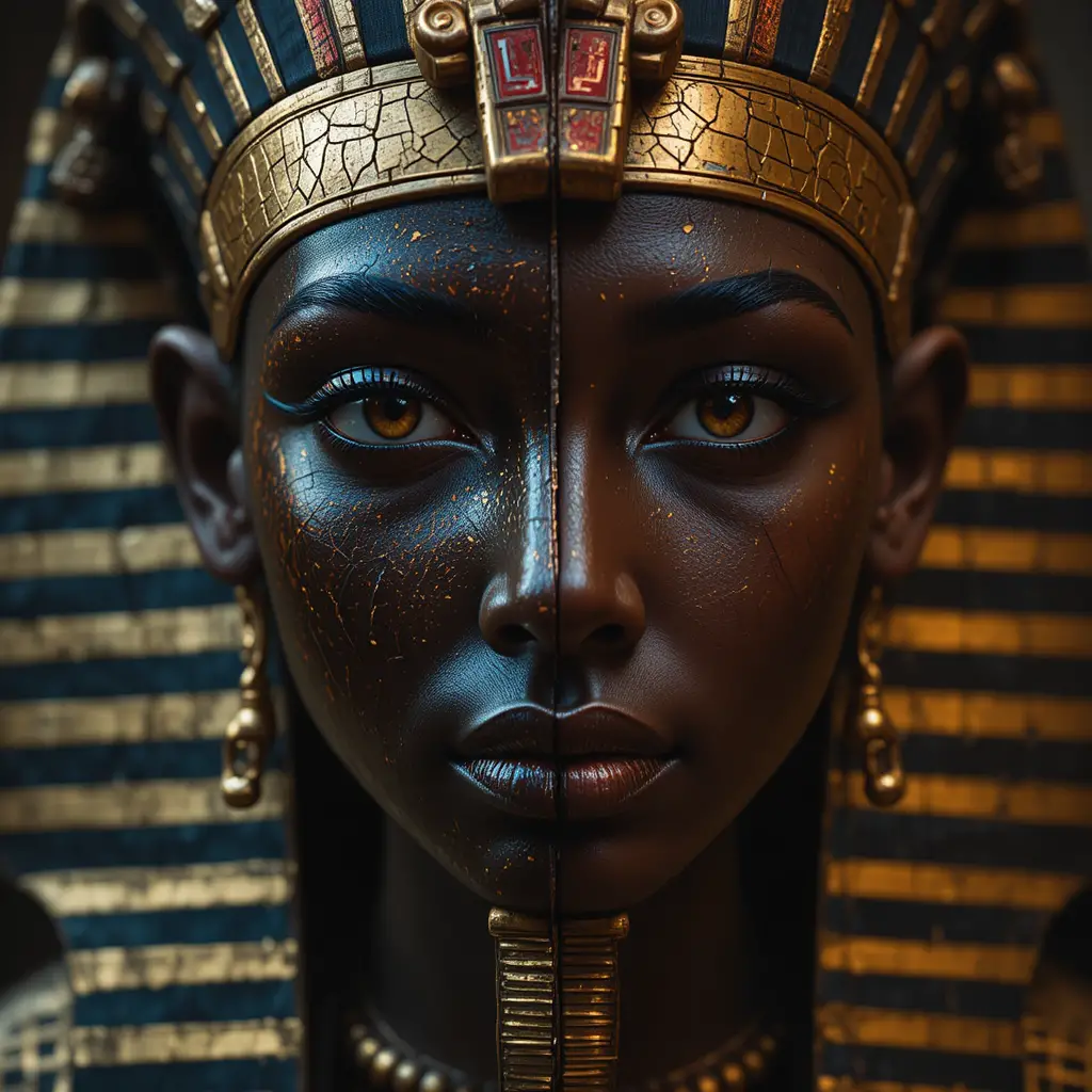 Split Nubian pharaoh portrait with tribal paint and gold