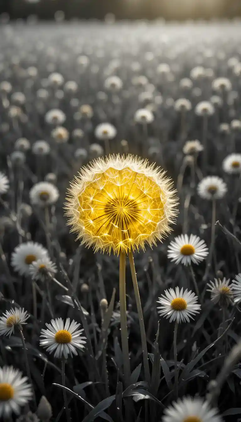 Dente di leone giallo luminoso in un campo di erba monocromatico
