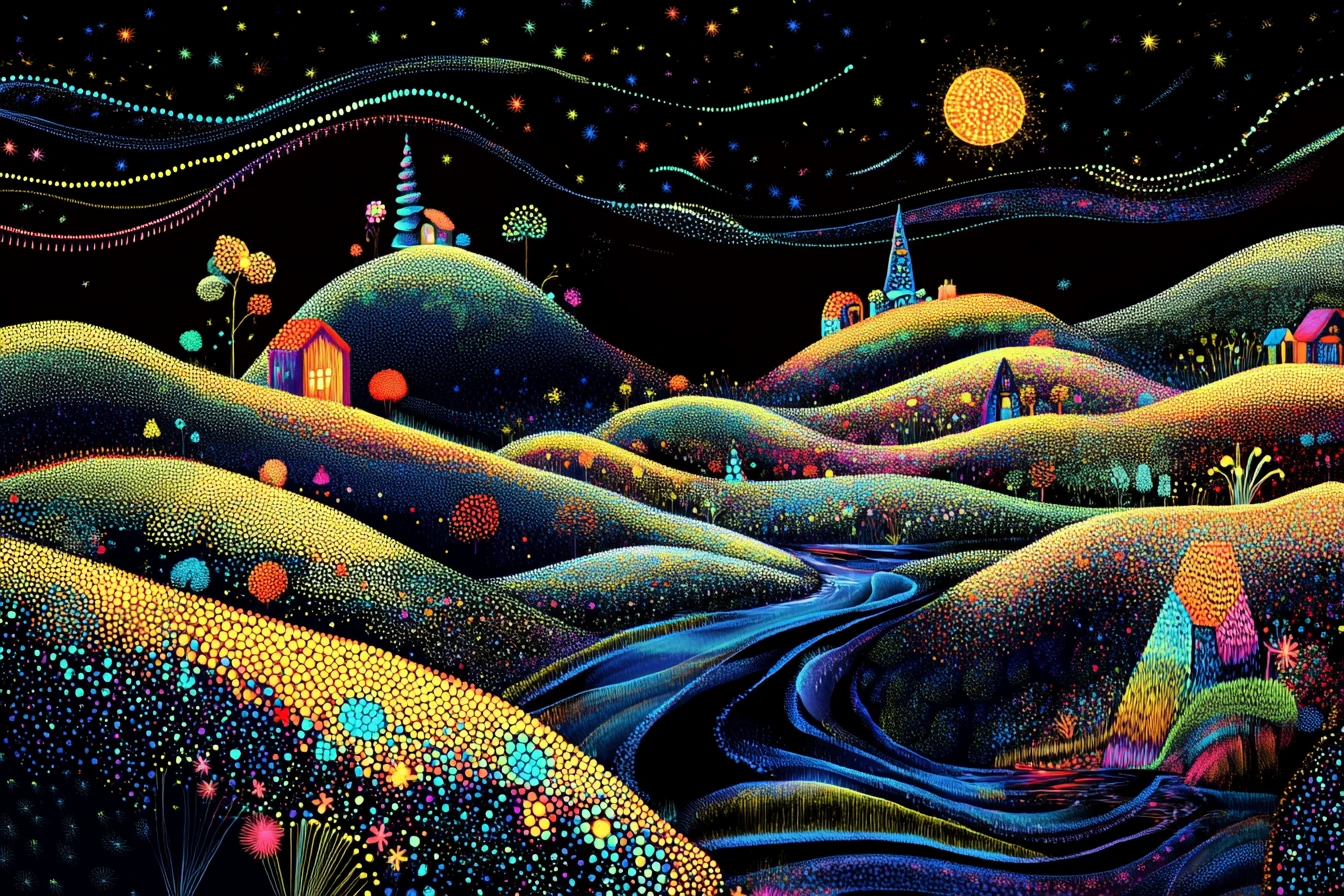 Glowing Pointillist Fantasy Hills With Trees And Sailboat